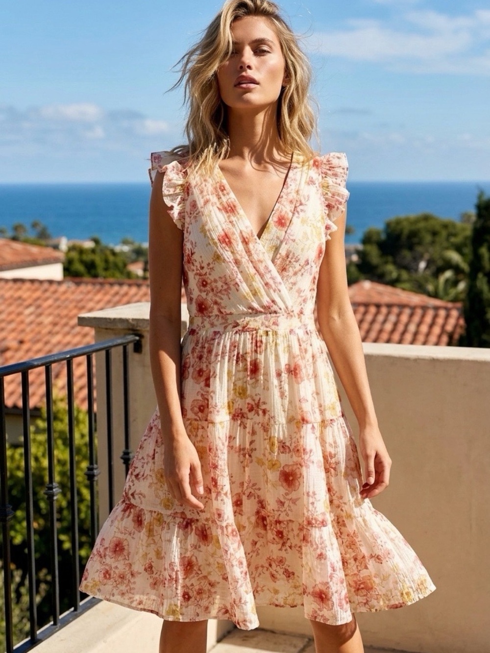 NWT Pink Floral Ruffle Mini Dress w/Flutter Sleeves Tiered Skirt & Pockets S M L